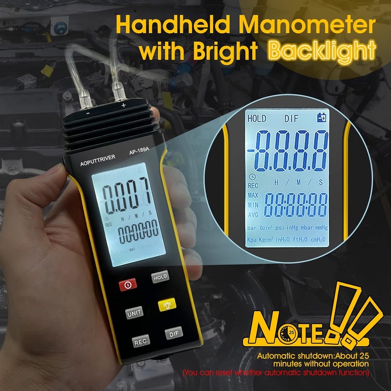 AOPUTTRIVER Digital Manometer,Dual Port Air Pressure Meter 6Psi Pressure Gauge HVAC Gas Tester with 11 Selectable Units,Data Logging and Zeroing AP-189A - Image 4